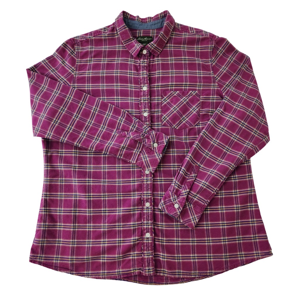 Eddie Bauer Womens XXL Magenta Purple Plaid Flannel Button‎ Down Shirt